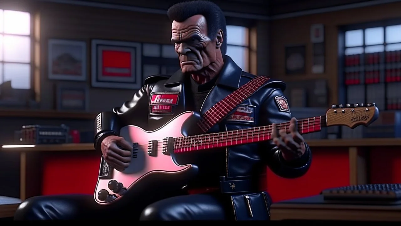 4k realistic full détails. Logo émission radio. Terminator playing guitar with acdc in a school uniform