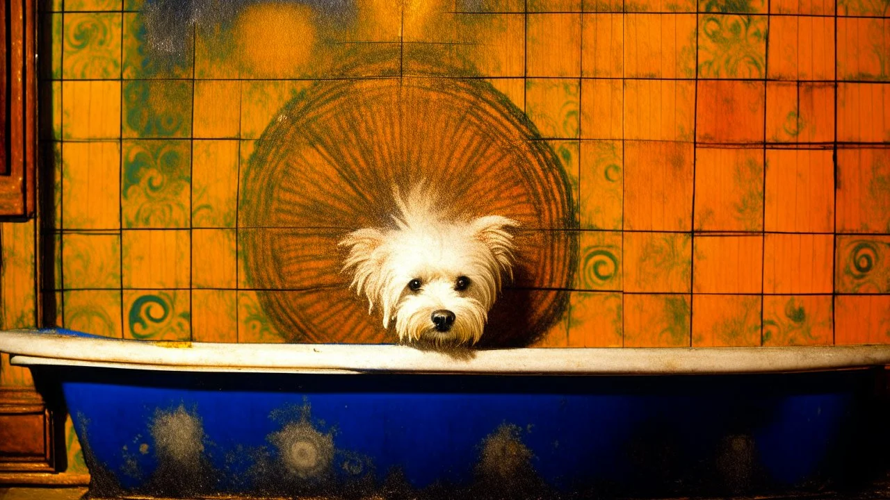 A playful white dog, with a fluffy coat, is comfortably seated in a vintage, checkered-floor bathtub. The tub is surrounded by a vibrant, colorful backdrop, creating a whimsical and cheerful atmosphere. The dog's eyes are filled with curiosity and contentment, as if enjoying a well-deserved bath time.