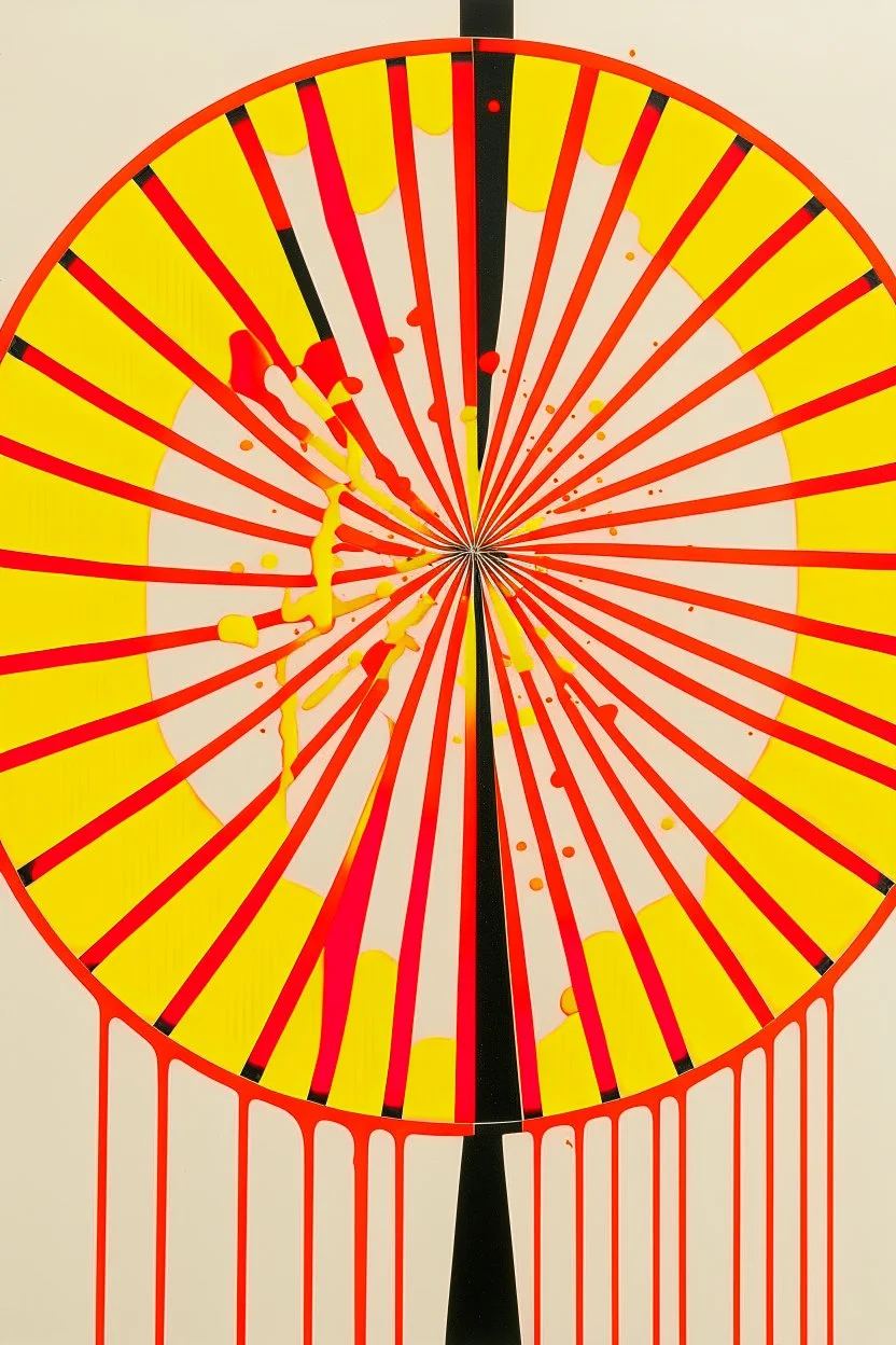 "Cross Hatching and splatter" depicts the results of a can of orange-red Paint splattered through a spinning Fan; Ilya Bolotowsky