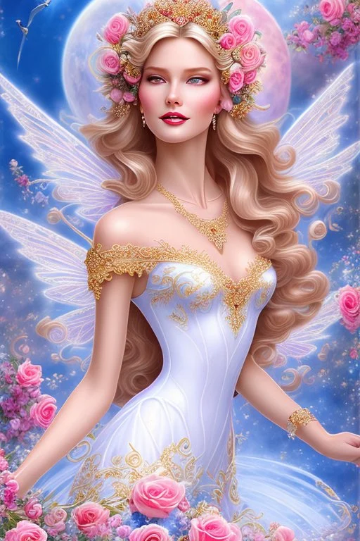 Magnifique woman, lady fairy, facing happy, voluptuous white, pink enchanted flowers, wings magic, long big dress, pink outerspace stars planets, Beautyful smiling, young woman, long hair amazing blue eyes, flowers, happy cosmic, bright colors, blue, pink, gold, jewels, realistic, photo real, clear sunny background, highly detailed, high contrast, 8k high definition, unreal engine 5, extremely sharp detail, light effect, sunny light background