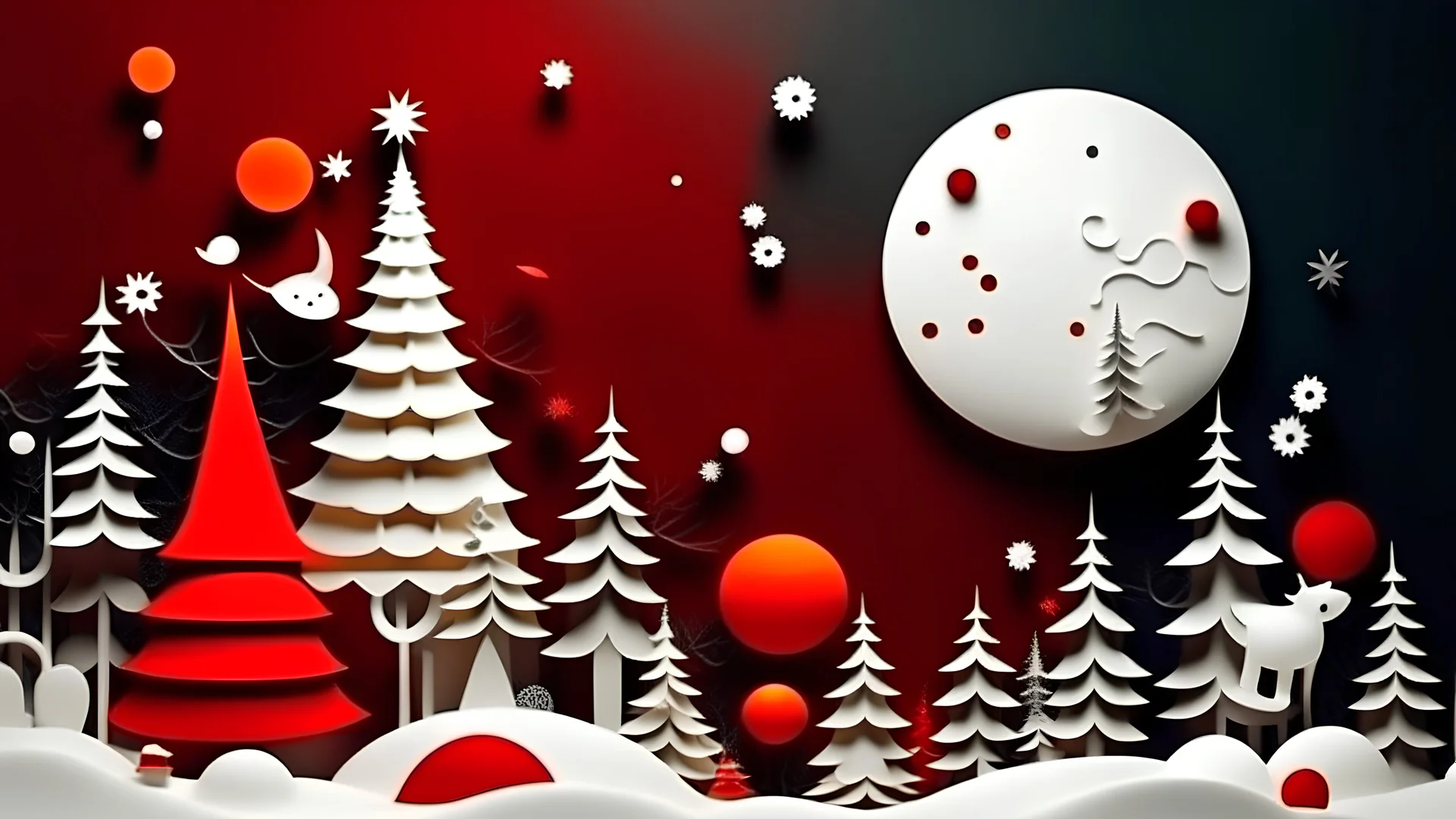 papercut craft of Christmas night, snowman in fluid red and silver, golden red ornaments and pale gift boxes, full moon, Christmas tree,