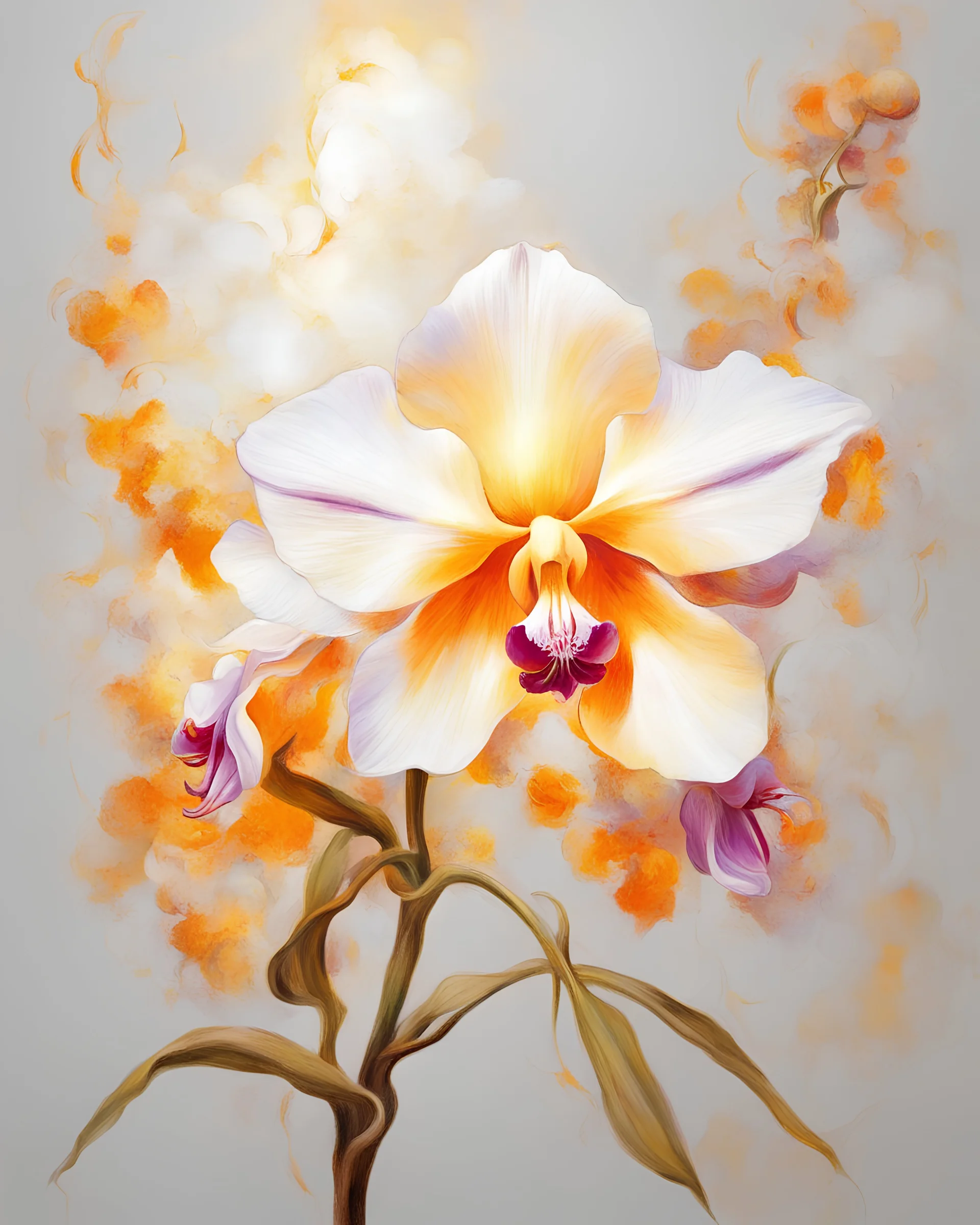 bright light and orchid flower, golden and orange van Gough white background