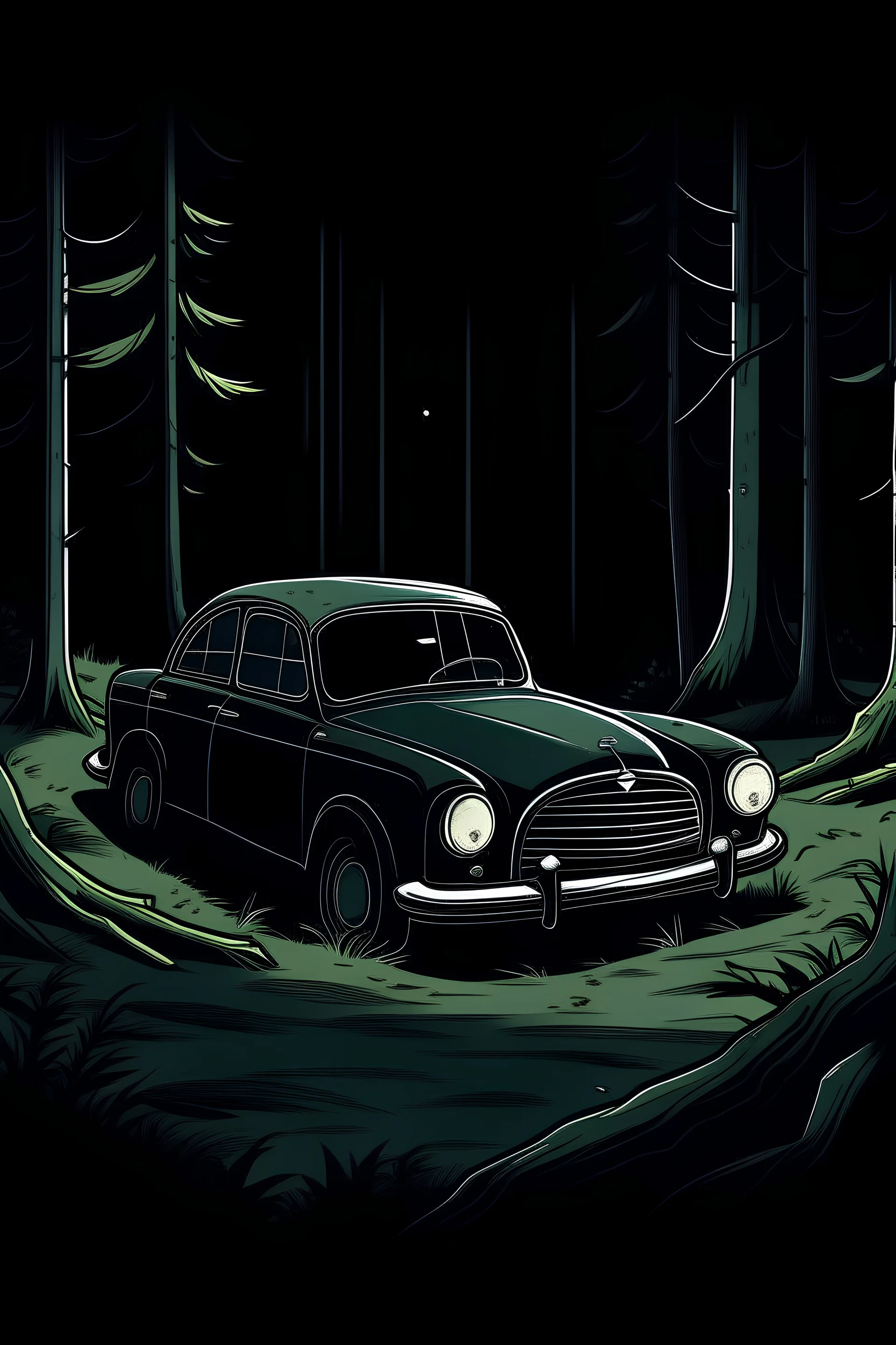 Create an image of a car (RV) stranded in the woods in a dark forest. (Make it seem like a 15 year old drew it for a school assignment)