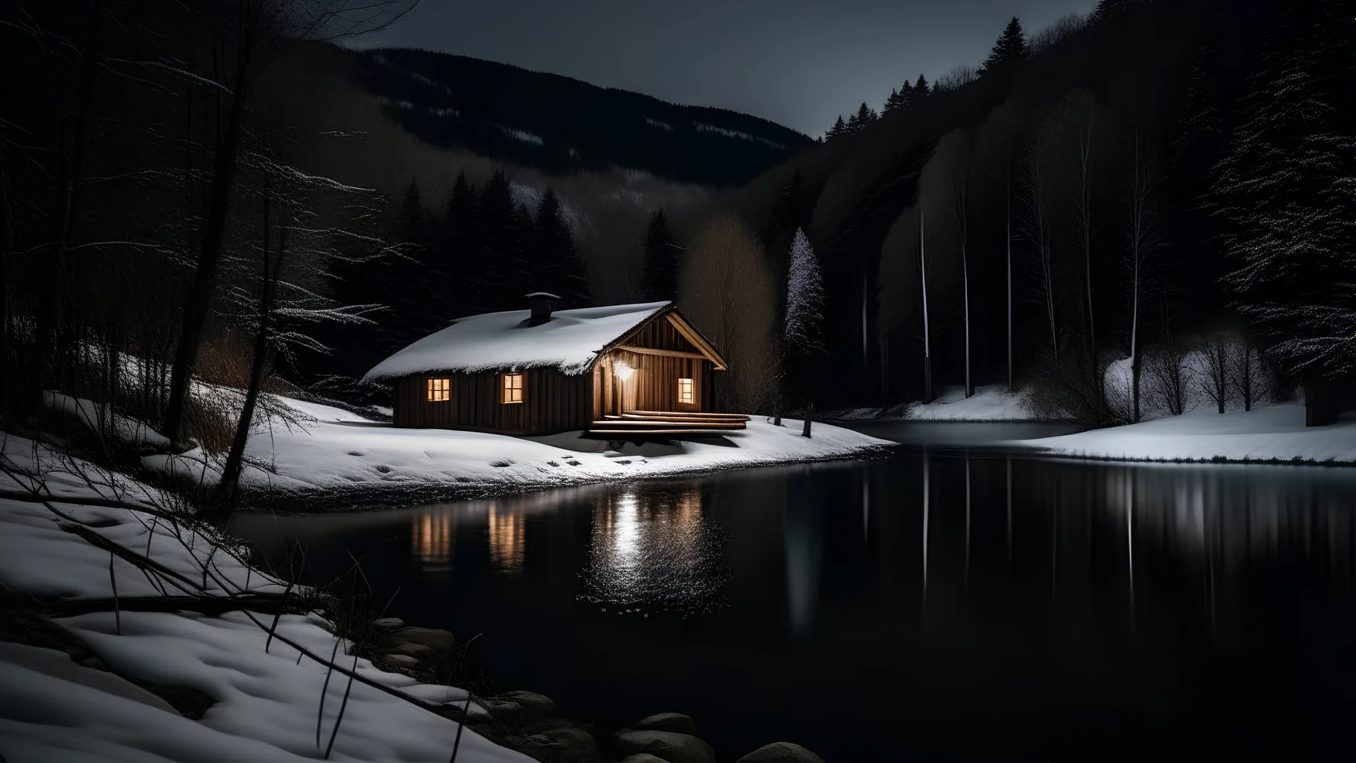 a cabin at night with snowy hills a small river at night with a small dock, and a cozy cabin in nature.