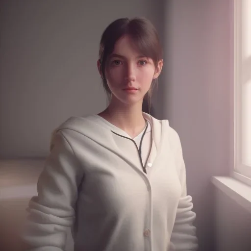 Study girl in university by the room, on book, movie, real photo realistic, unreal engine, cinematic lighting --ar 1:1 creative