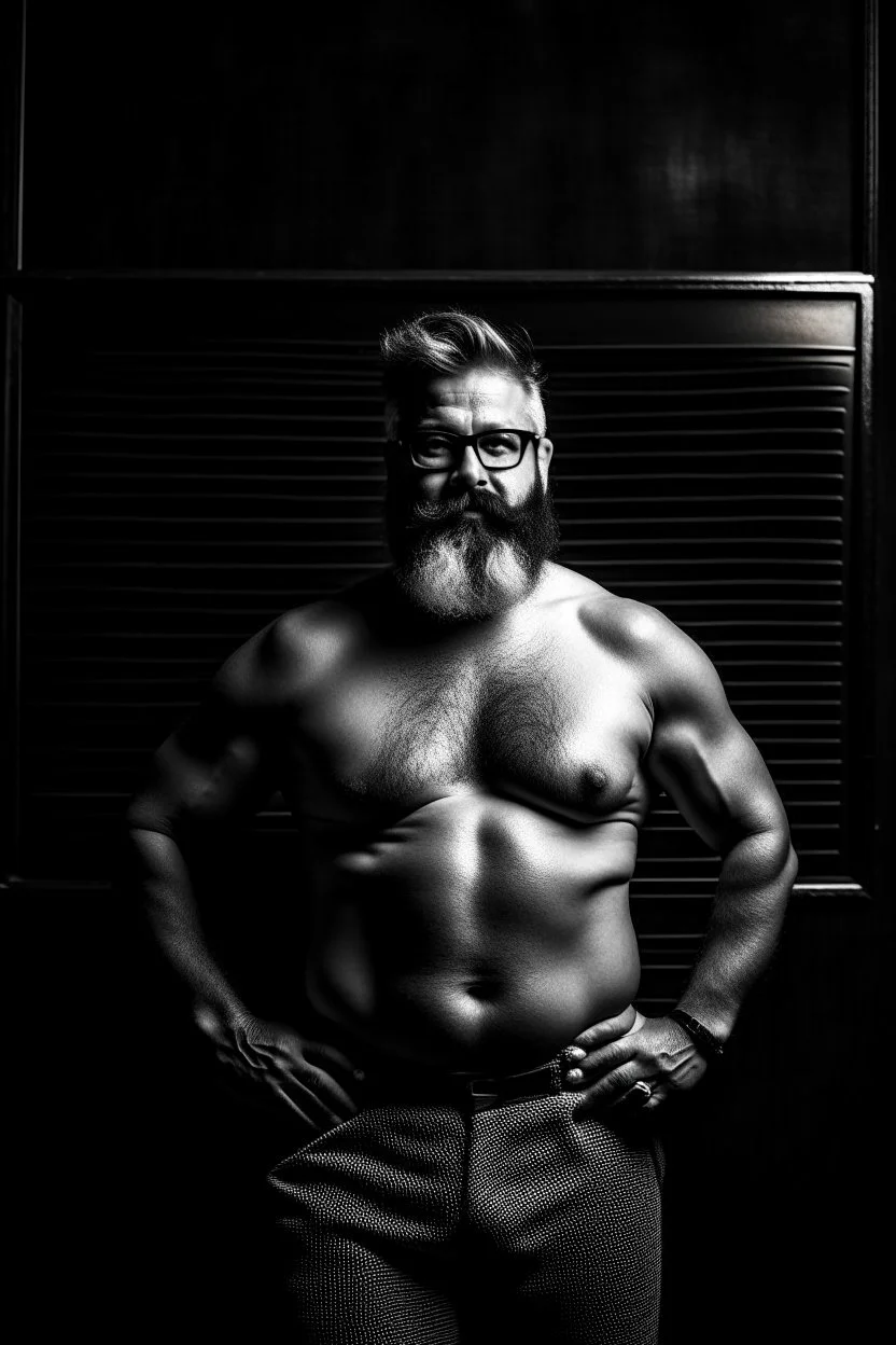 half figure shot photography of a turkish bearded chubby shirtless barechested 44 years old professor in thick glasses, big shoulders, manly chest, standing by completely writed blackboard , front view from the ground, photorealistic, ambient occlusion, side light