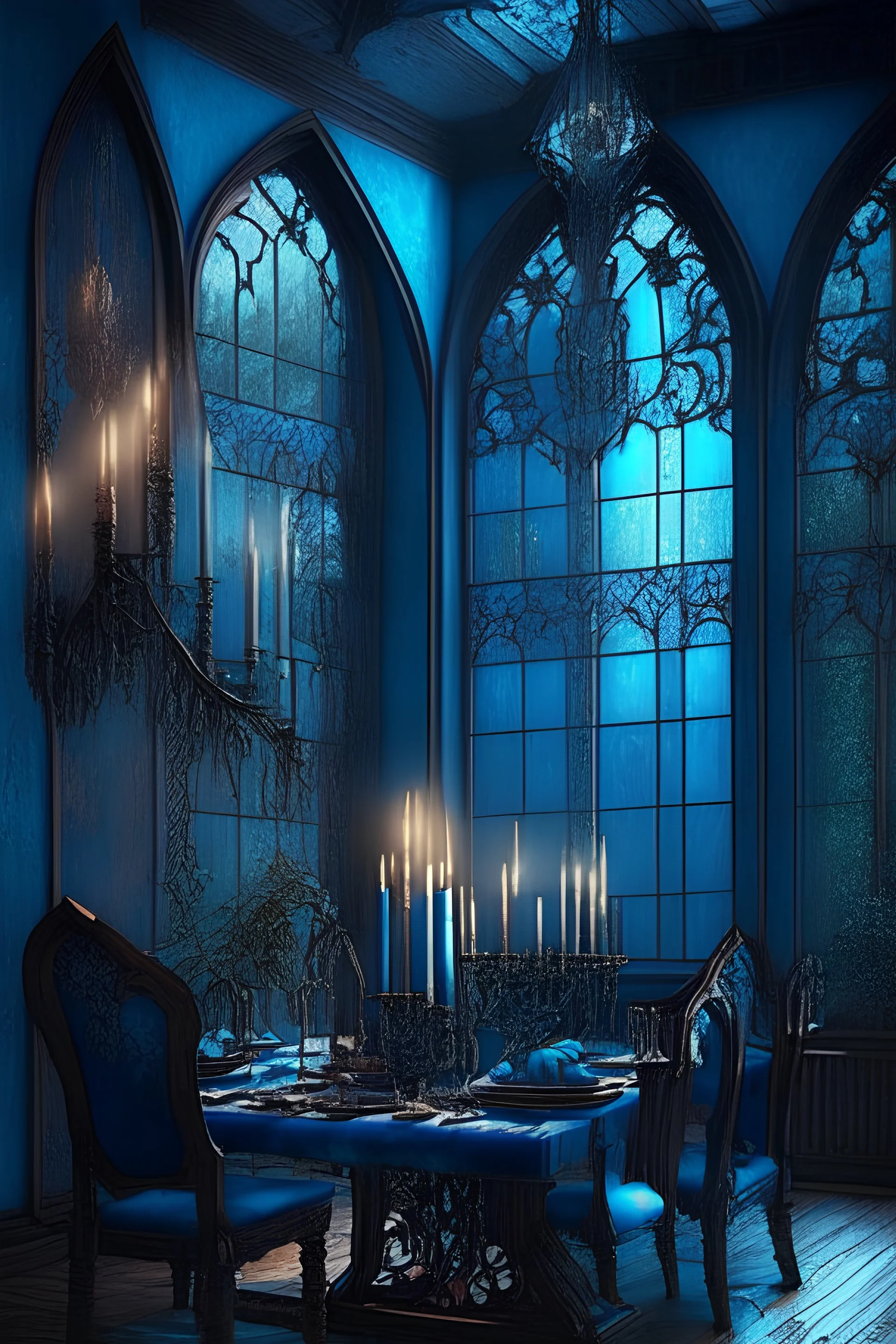 Antique themed dining room, antique table, forsted glass windows, stained glass doors, modern and antique mix, expensive vibes, dim lighting, modern furniture, expensive table, candles, blue