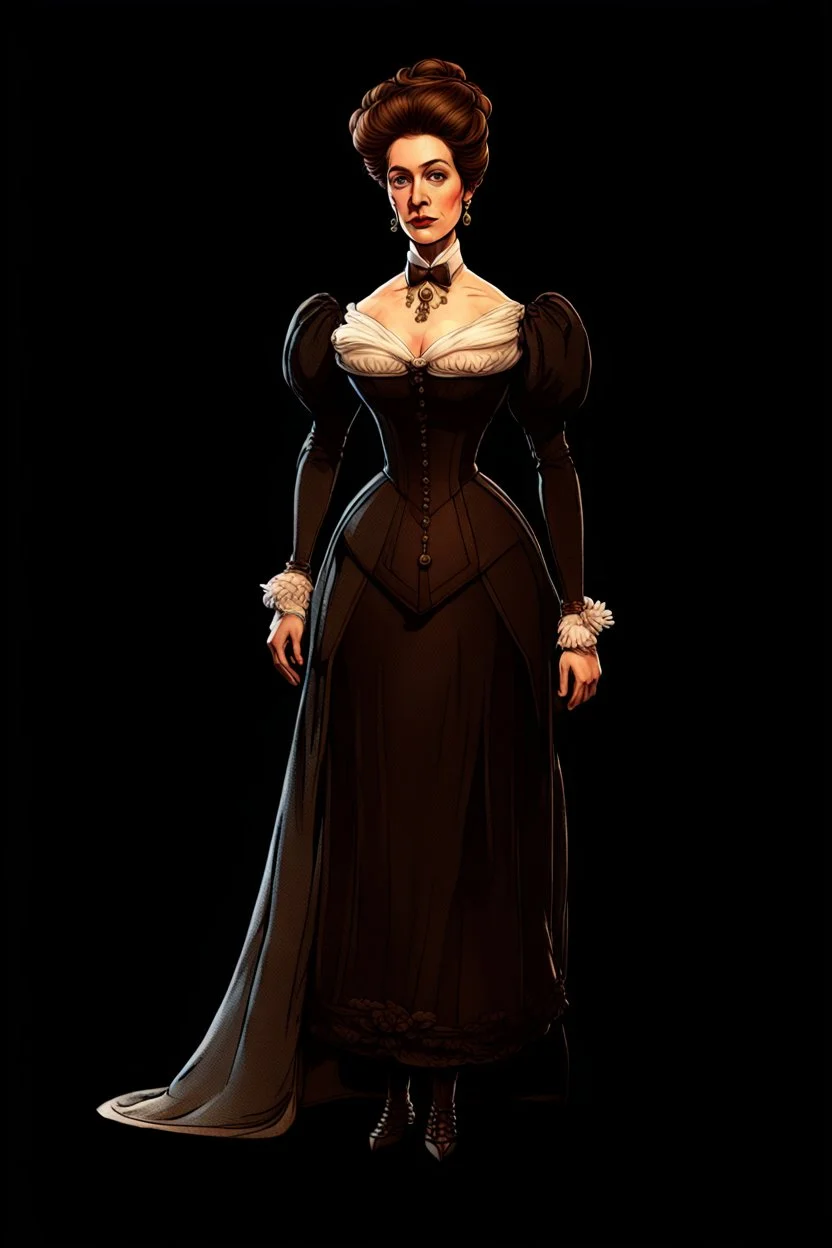 warm but stern aunty victorian era, posh british accent influenced, high born facial features dnd character on a solid black background, full body image, high quality realistic.