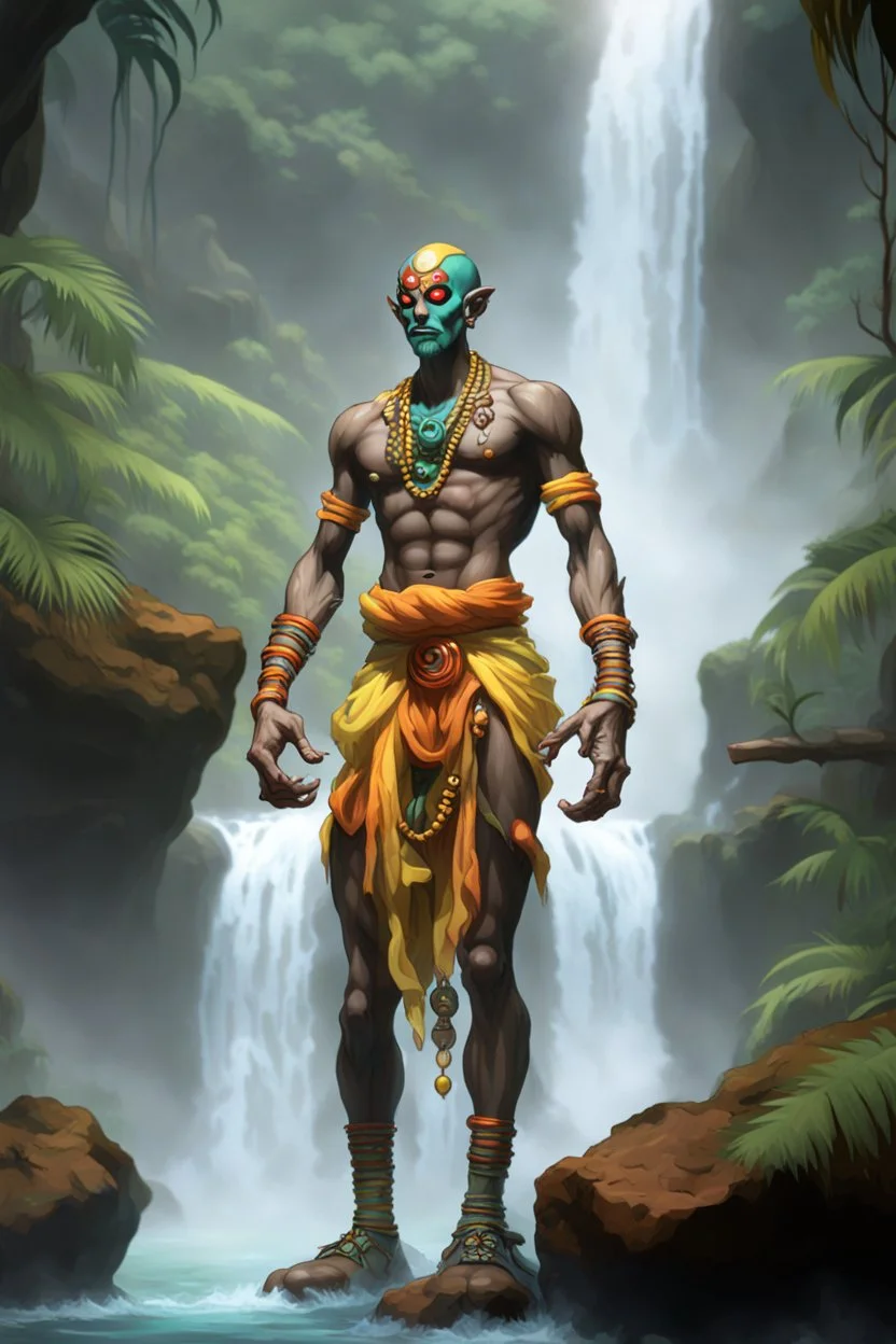 Dhalsim an electric necromancer in foggy jungle waterfall