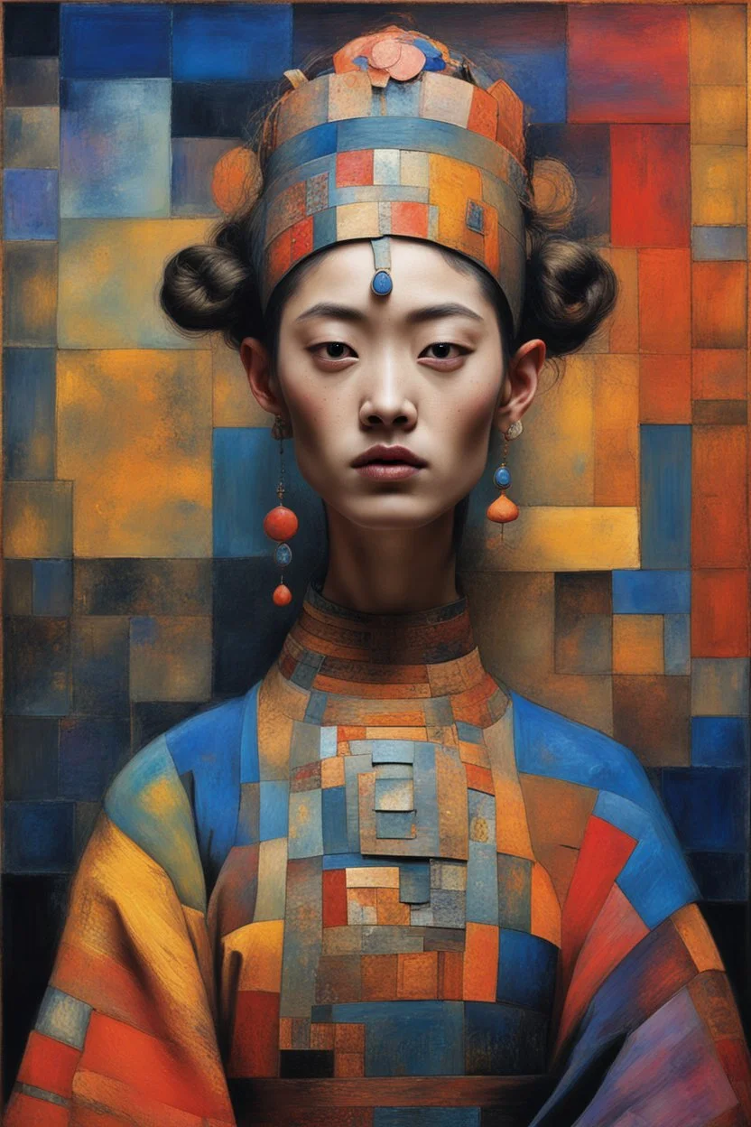 gorgeous portrait of a beautiful ancient princess. “Shaolin Textile Patchwork Fashion Model" By Enki Bilal & Paul Klee & Jennifer Lommers & Hans Hartung & Meghan Duncanson & Mark Rothko & Dee Nickerson & Victor Brauner & Didier Lourenço & ∞ Modifiers: Colorful Oil On Rainy Night Canvas Unstructured Maximalism Novelty architecture internally decorative Crepuscular Luminosity Hyper-Structured Minimalism show objects in great details and accuracy Legit emotional reactions perfect body coordination