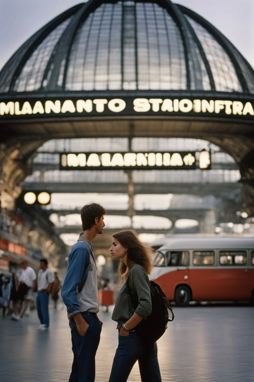 A realistic photo of a Milano in main station in the background, a pair of inamorato young people on the street, typically Italian, late summer evening. Photo taken by Mamiya M645 camera with low-speed film, highly detailed, wide lens.