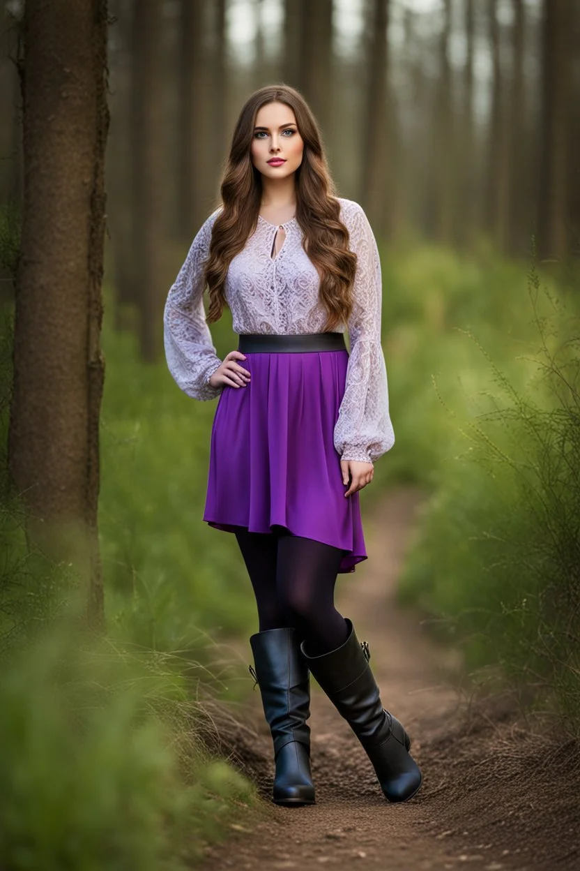 full body standing beautiful 20 year old girl with ash brown hair and blue eyes with her long hair down,curvy body , wearing a sleeved shirt and nice sarifon dress, and lilac long leggings, with long black boots full body shot,country side among trees