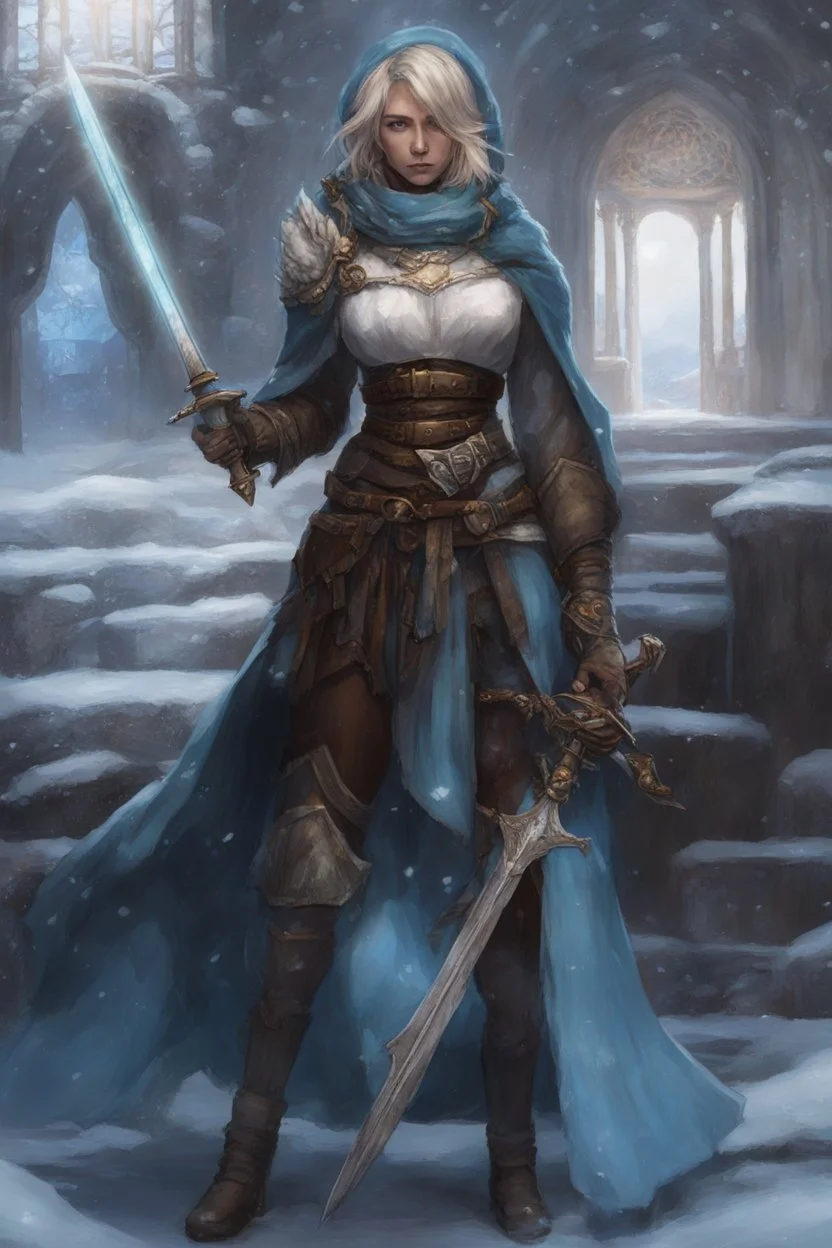 A female cleric dressed for the cold with a sword.