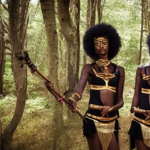 Female twins. Black skin, tall and slender, long afro kinky hair,almond shaped dark brown eyes, warrior wear holding spears. Gold accents on clothing surrounded by trees. Not afraid. Face not distorted