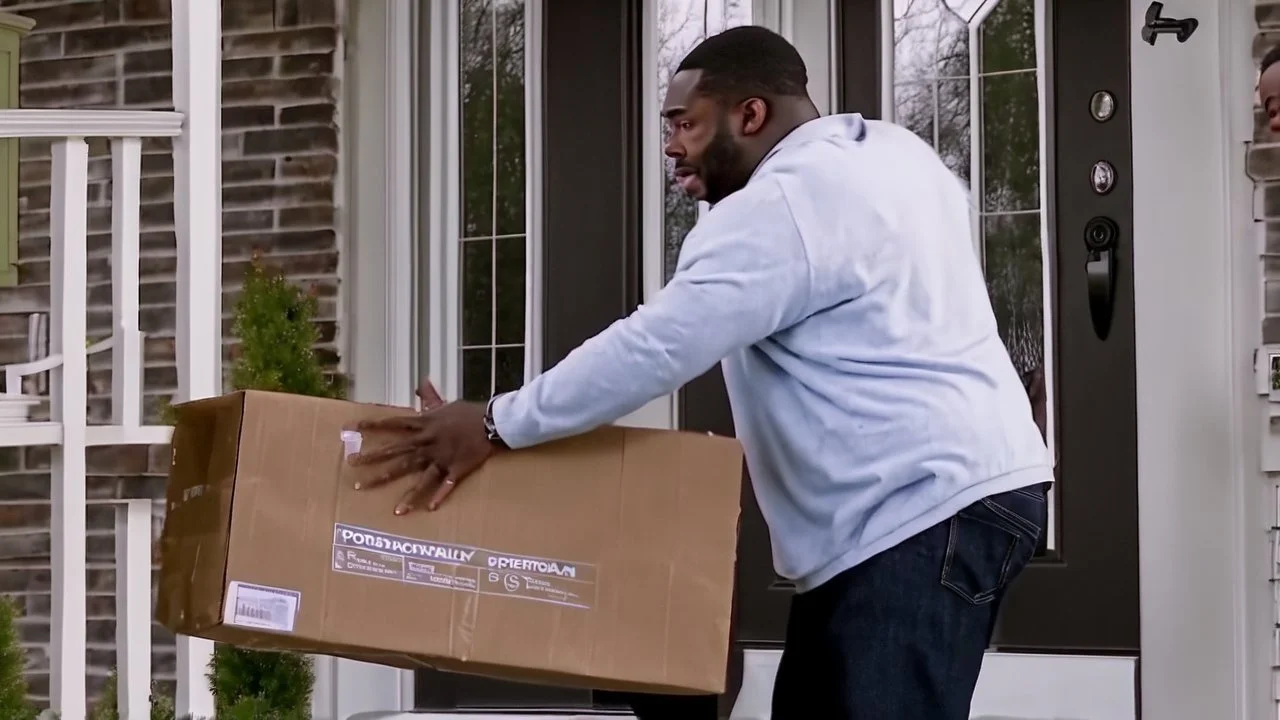 Tyrone suspiciously takes small delivered package from porch