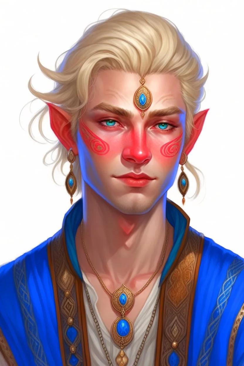 a wealthy half-elf man with pointy ears and blue eyes, wears lots of jewelry, blonde hair, 30s