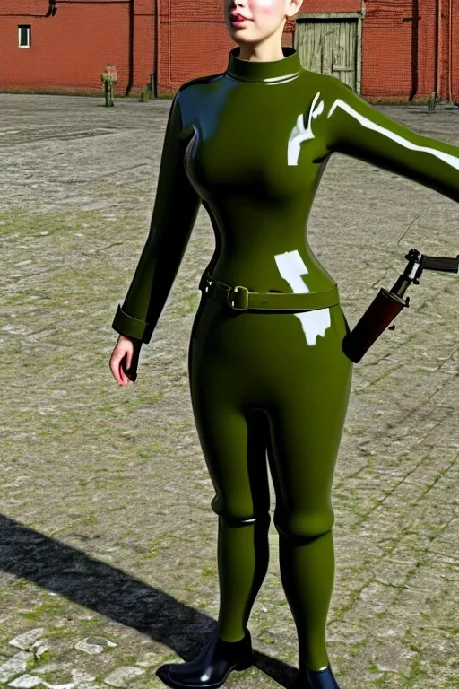 Russian military girl. Whole head is full of armory. Brains are heavily armed with old-fashioned cameras. Army green surfaces body, latex. Perfect body, thick thighs and calves. simple face. Wide hip, skirt bleats nicely. Partly symmetrical. Straitjacket. Rusty and decayed background. Steam-plunge air-bottles. Euclidean 3D-tiling walls. 5th dimensional surface structures. Oppressive atmosphere