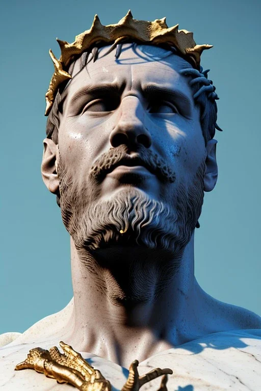 Ultra Realistic image, Roman sculpture, white marble material, Lionel Messi, gold crown of natural thorns, god crown, Renaissance style, sun rays background, waist up portrait, epic, celestial, cinematic lighting, God lights, 4k resolution, smooth details, soft lighting, unreal engine 5, art station, substance 3d.