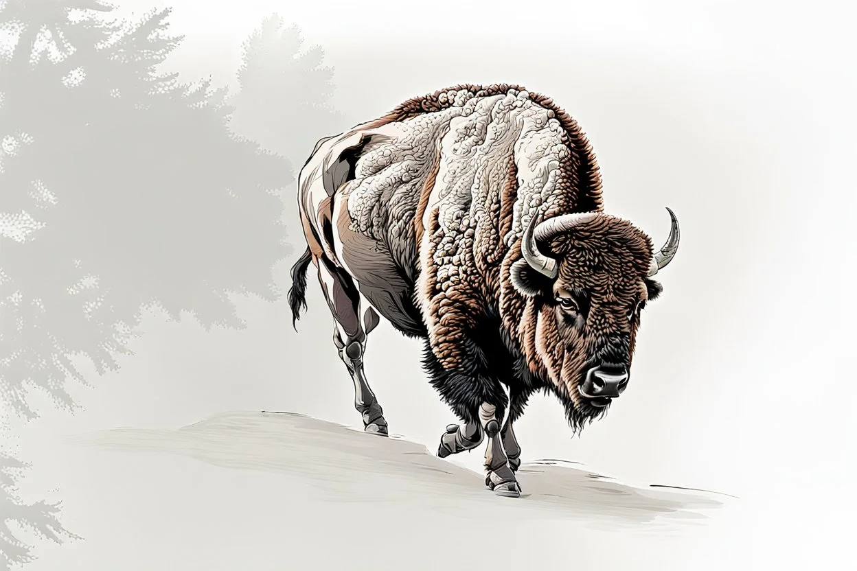 Bison walking towards viewer's right, on white background, fades out on the left