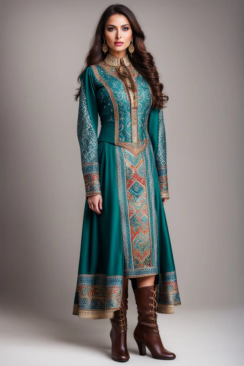 full body ,very beautiful lady in Azerbaijani short costume standing with long boots