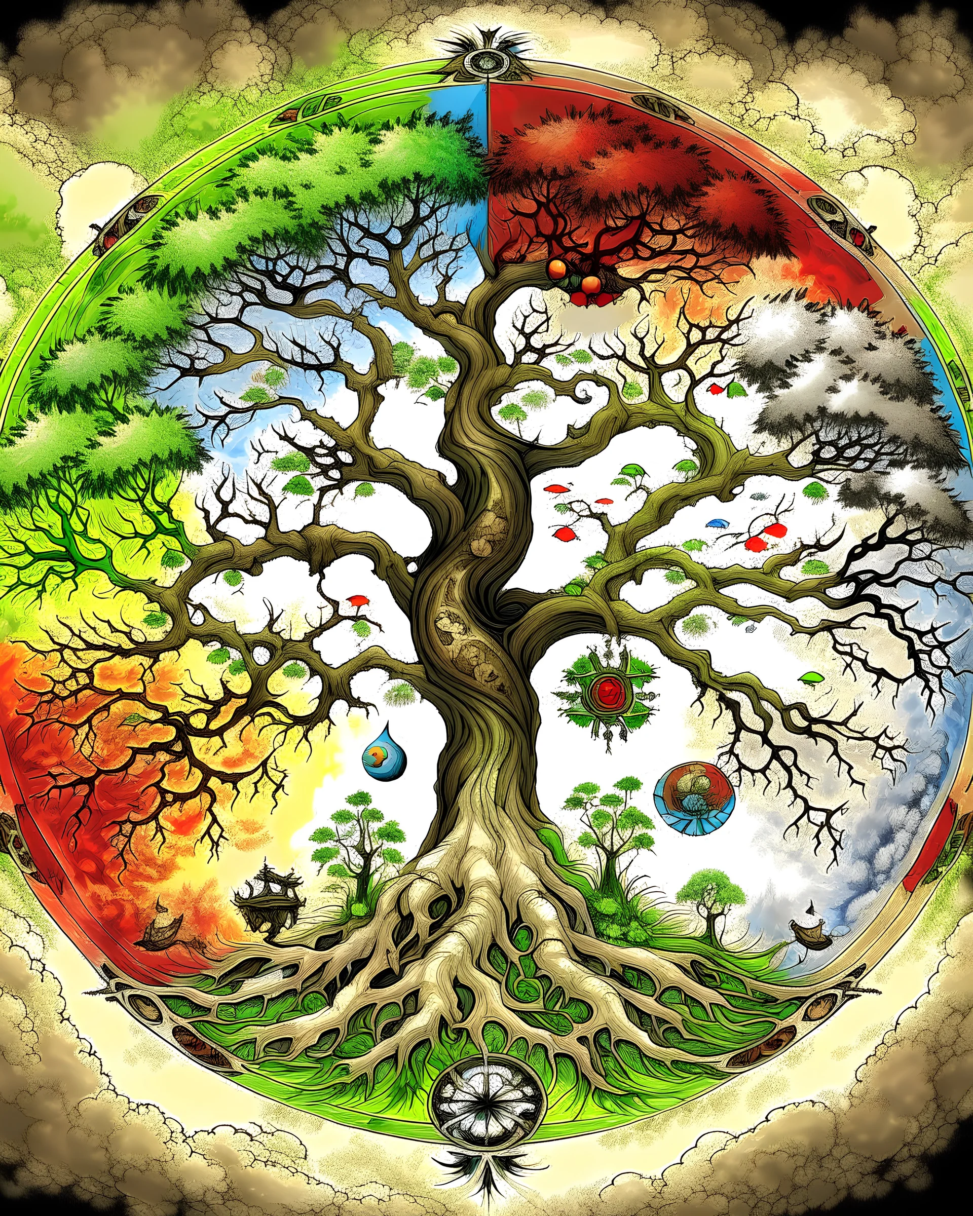 The tree of life is made of the four seasons of spring, summer, autumn, winter, along with light, water, fire, wind, earth, and love, along with the symbol of Yang-ying