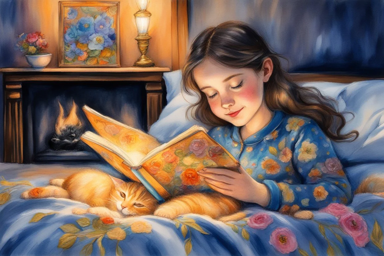 Vibrant sketch and charcoal, shiny metallic effect watercolor, white edges, egy arany-fekete pizsamát viselő kék szemű brunette lány vidáman olvas a hímzett virágos needle felt mohair ágyneműs ágyban, tiffany lámpa a kisasztalon, kandallótűz, cirmos cica fekszik a paplanon, in firelight