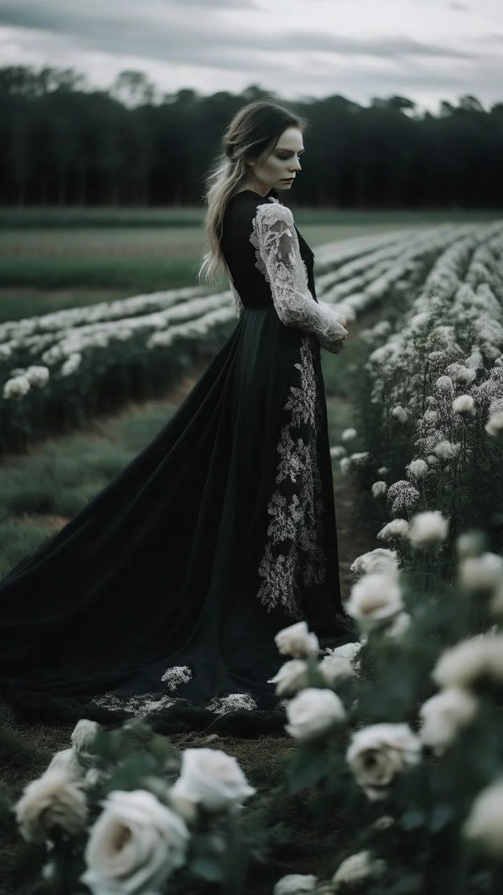 black lace scarf and dirty wedding dress in a field of white roses.cinematic picture