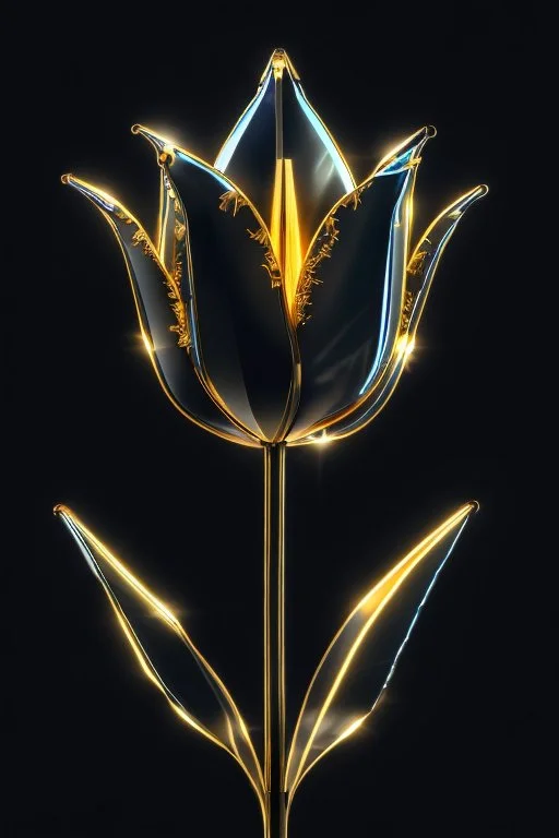 unzoom, centered, Crystal black tulip element shape, glass golden neon, cool gold, delicate science and technology sense line, black background, movie sense, HD, detailed light, cinematic, high detail, 4k, cyberpunk, 3d rendering, 32k , hyper detailed, magical and epic, epic light, the most perfect and beautiful image ever created, image taken with the Sony A7SIII camera, many details 8k speed effect (cinemagraphs) Phi Phenomenon (Mark Wertheimer)