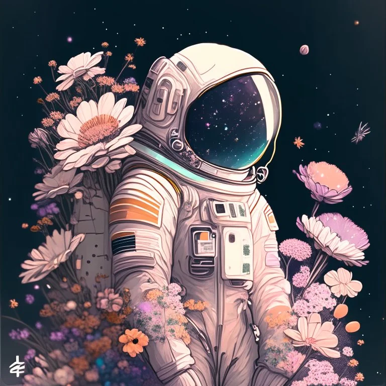 "floral astronaut" hand-drawn digital art, muted tones, flowers everywhere, REALISTIC, anime, 4k, colorful, galaxy, space