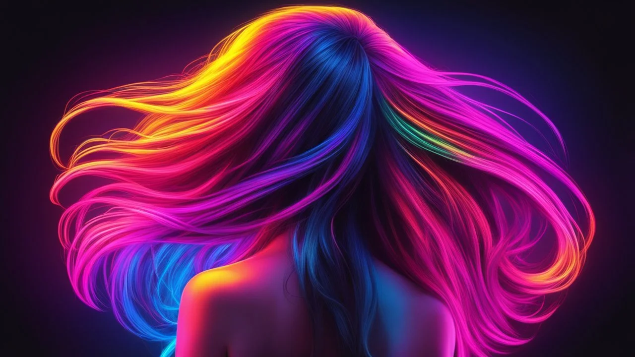 Create a vibrant and colorful neon artwork featuring the back of a woman's head with long flowing hair. The hair should be illuminated with a gradient of bright neon colors, including shades of pink, purple, blue, and yellow. The background should be dark to highlight the neon glow of the hair. Ensure the lighting and color transitions are smooth and the overall style is reminiscent of retro 80s neon art. The image should be high-resolution and have a dreamy, almost surreal quality.