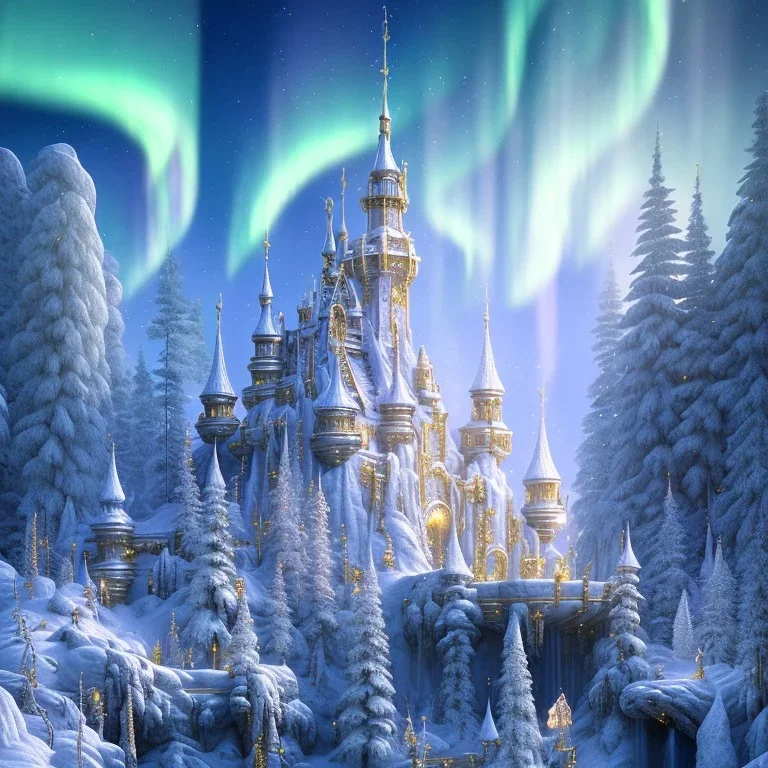 white and gold crystal castle，waterfall, winter snow flakessnow, northern Lights, full of details, smooth, bright sunshine，soft light atmosphere, light effect，vaporwave colorful, concept art, smooth, extremely sharp detail, finely tuned detail, ultra high definition, 8 k, unreal engine 5, ultra sharp focus