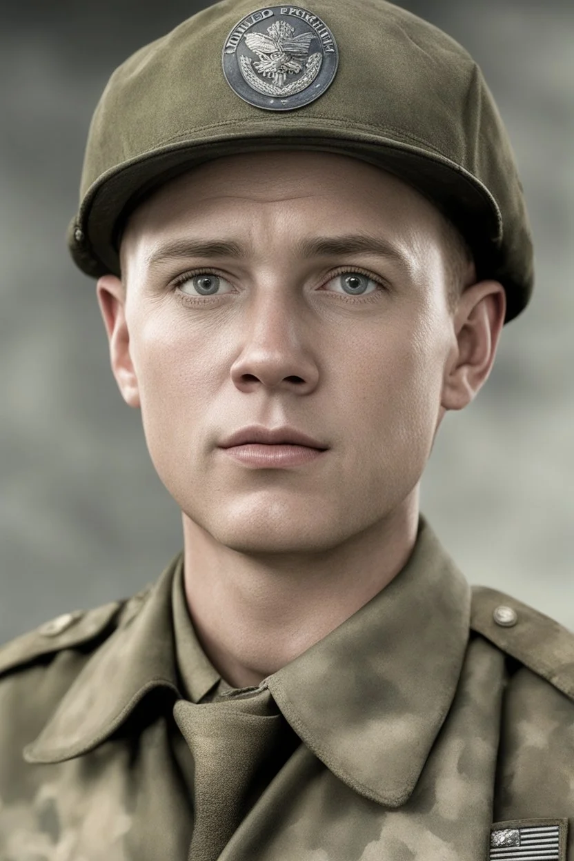 facial portrait - Band of Brothers, 20-year-old Scott Grimes as Technical Sergeant Donald Malarkey, WWII camouflage battle dress uniform, Professional quality full color photography by Ansel Adams - 4k UHD, Ultra-realistic, Hyper realistic, Photorealistic, Realistic, absolute Reality