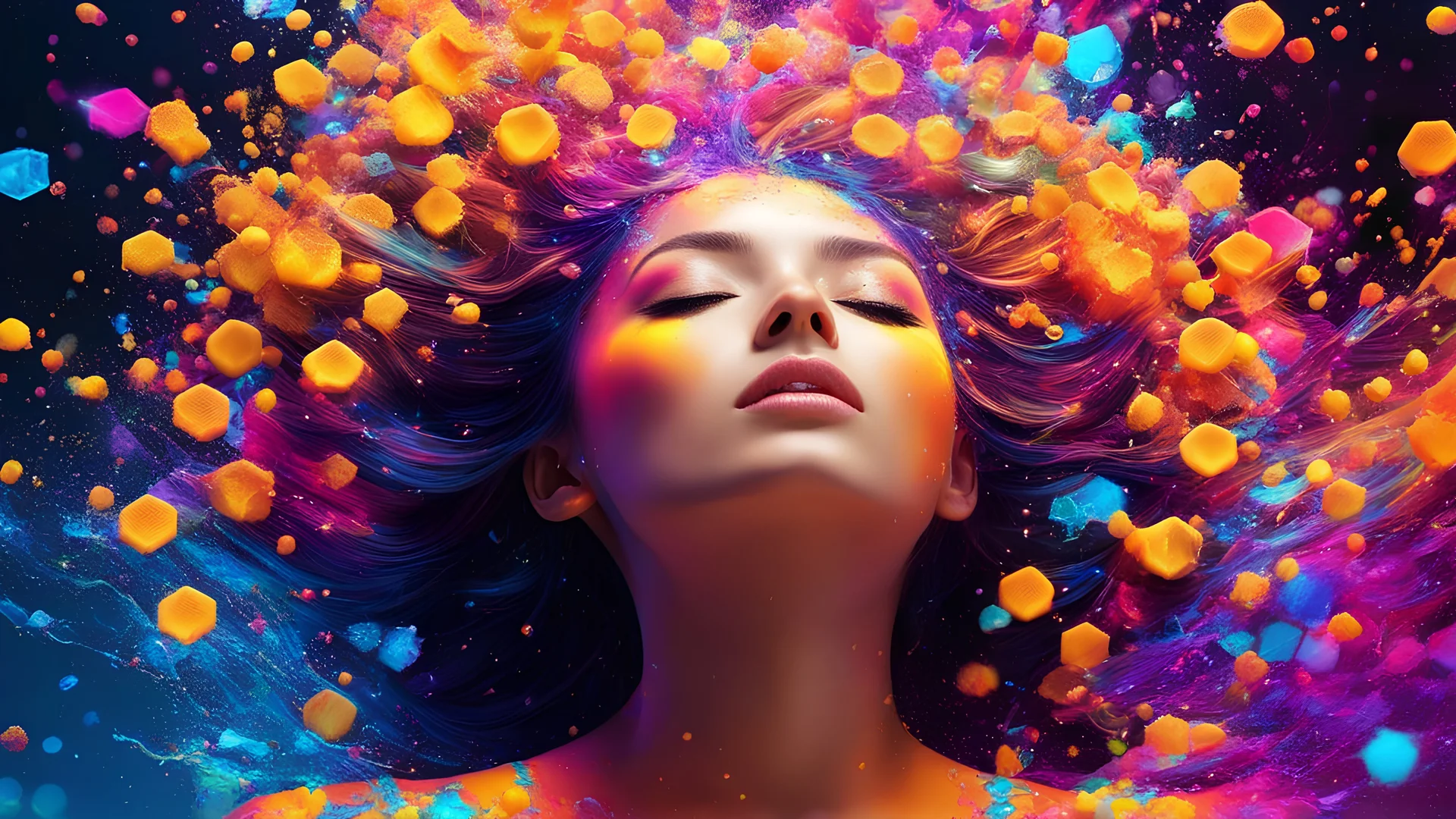 masterpiece,best quality,1girl,closed eyes,upper body,splashing,abstract,psychedelic,neon,(honeycomb pattern),(creative:1.3),sy3,SMM,fantasy00d
