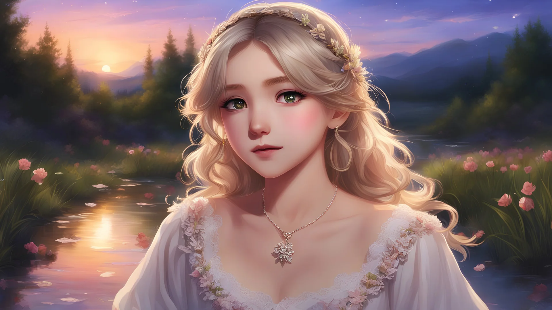 (masterpiece fairytale impressionism, best quality, night:1.3), Environmental portrait, a cute Turkish girl, peach skin, lanky, small breasts, amused, wavy hair, ash blonde, elastic hair band, bronzer, wetland background, tundra, In-depth, trending on Pixiv