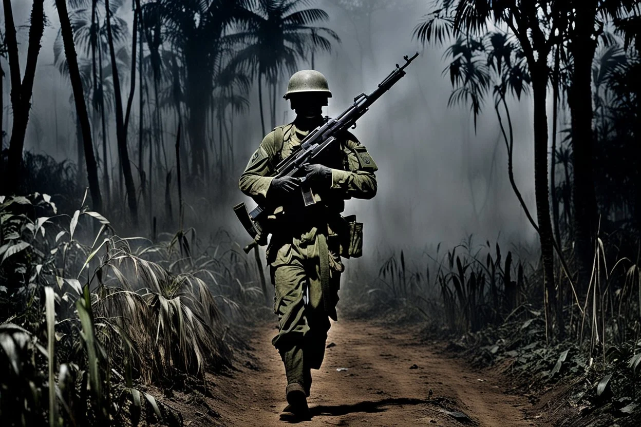 Spectral ghost of a headless soldier carrying a Thompson machine gun through the Congo at night