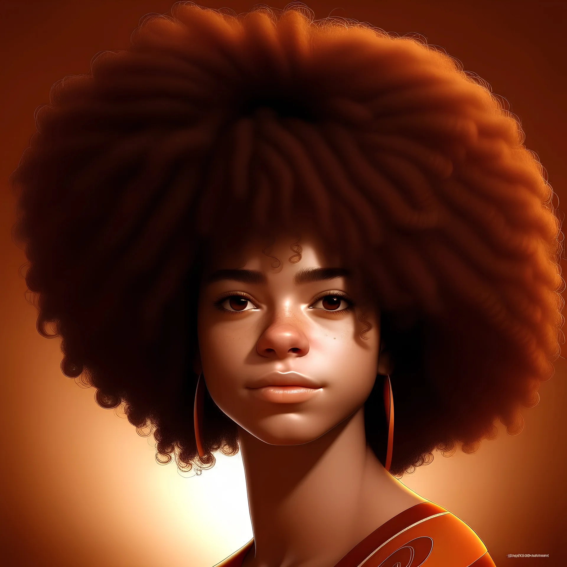design drawing of a girl with afro hair, soft skin, curly afro, 3d art style for a product post on instagram