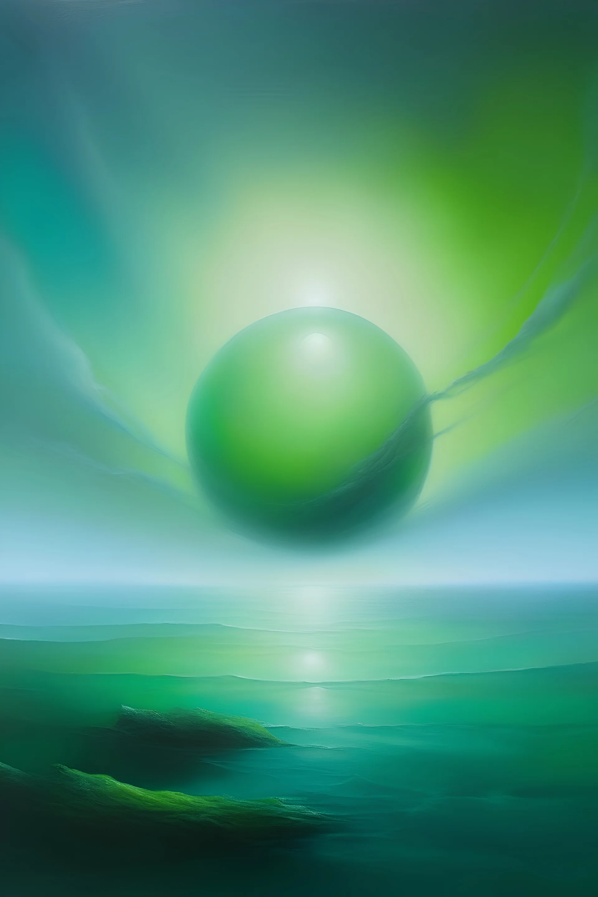 Oil painting of Ethereal Green glowing orb floating in a foggy sky. The orb is in the air hovering over a stormy ocean. Make it a softer green that illuminates in the fog