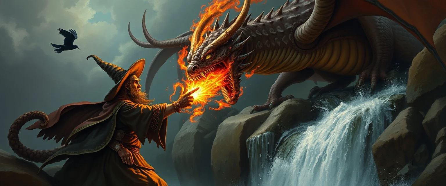 octopus bird witch bear dragon waterfall looks beyond really powerful slapping a bird in the face with fire, fantasy illustration, in the style of Rembrandt