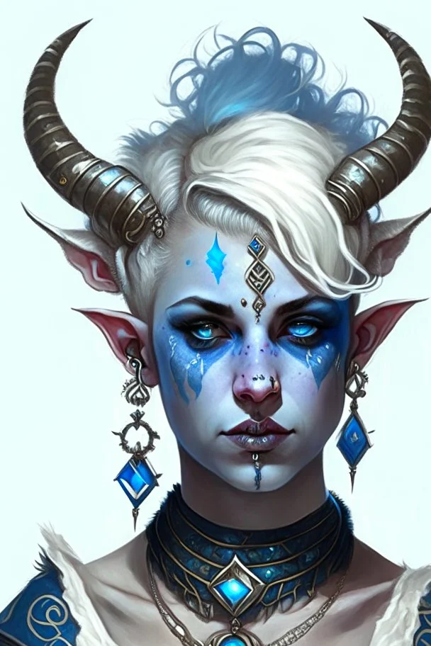 A young tiefling woman with a set of ram horns on her head encrusted with jewels, White-Blonde, short hair, black eyes, dressed in white and blue with lots of jewelry, beautiful, tattoos on her neck