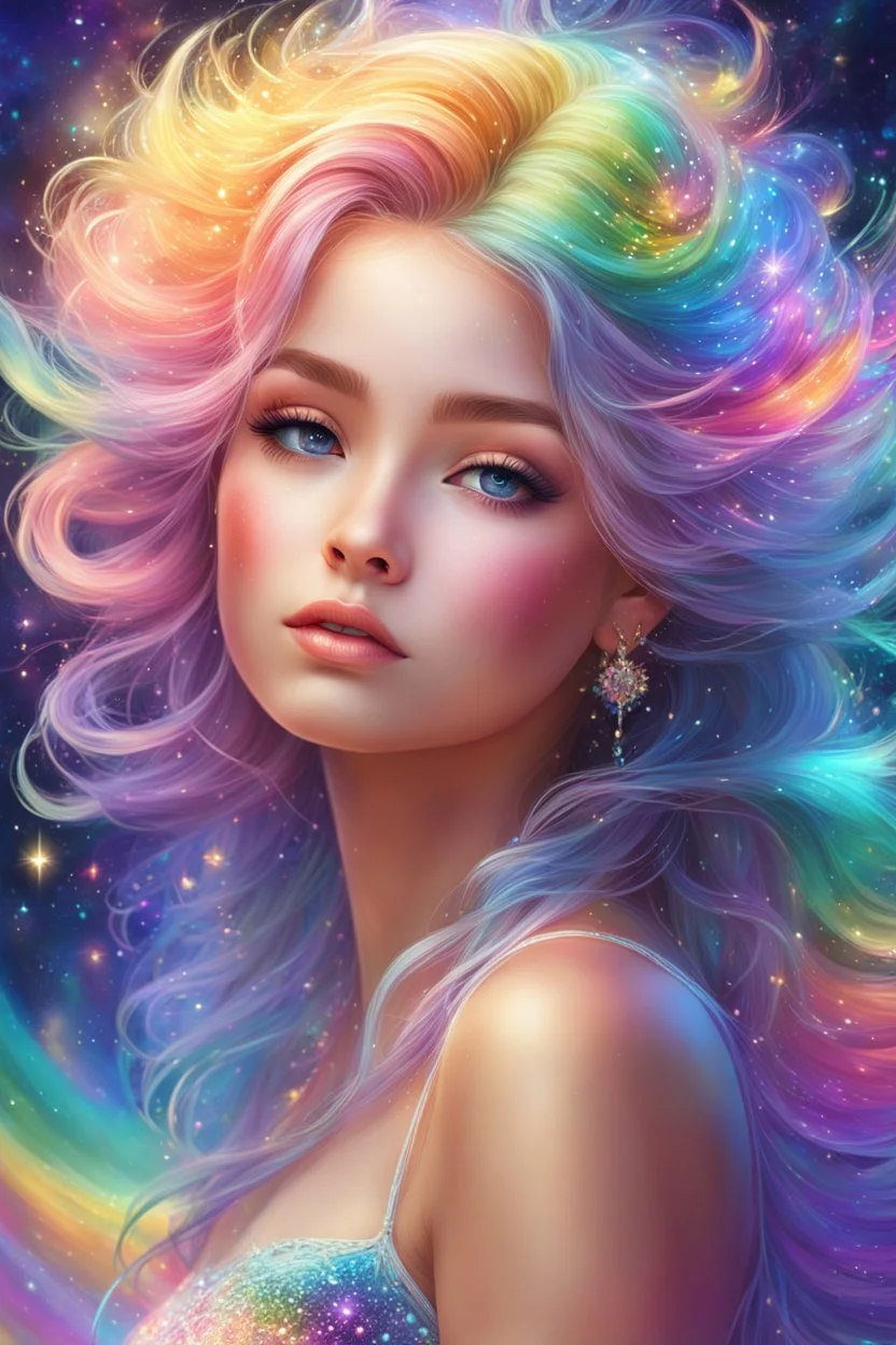 Adorable digital painting style. Pastel hues adorn her every trace, A rainbow girl with a shimmering embrace, Her eyes, glistening with dreams and grace, A vision of magic, lighting up any space. highly detailed, beautiful detailed digital art, beautiful artwork, very beautiful fantasy art, beautiful fantasy painting, digital art, dream, high quality, 4k