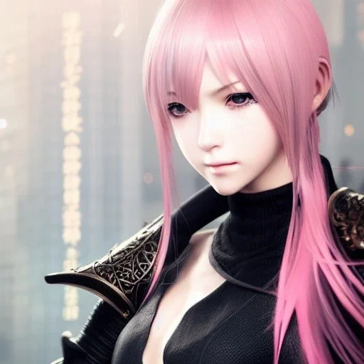 Detailed girl, woman, pink hair, yorha 2b hairstyle, au'ra final fantasy, horns coming out the side of the head, intricate details, full body portrait, keep head in frame, slight smile, black Japanese motif, concept art, highly detailed, digital painting, concept art, sharp focus, illustration, art by Yoji Shinkawa, WLOP and greg rutkowski and alphonse mucha and artgerm and yanjun Chen and Junji ito and Makoto Shinkai, HDR, octane render, highly detailed