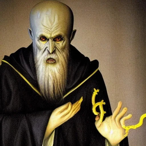 Nosferatu four yellow eyes with tentacle beard grey skin and vampire fangs as a Russian Orthodox bishop