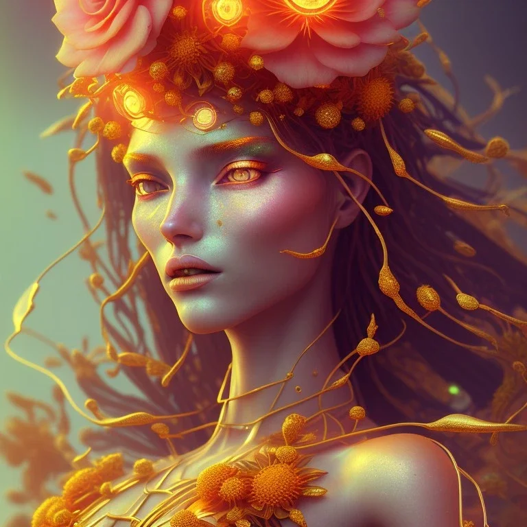 hot flower goddess, by Mahmoud Sai, Cartographic, Circuitry, Golden Hour, Closeup-View, 16k, Lumen Global Illumination, Diffraction Grading ,