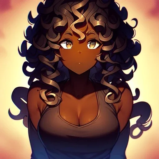 anime style, girl, brown skin, many freckles, curly hair, high quality, detailed.