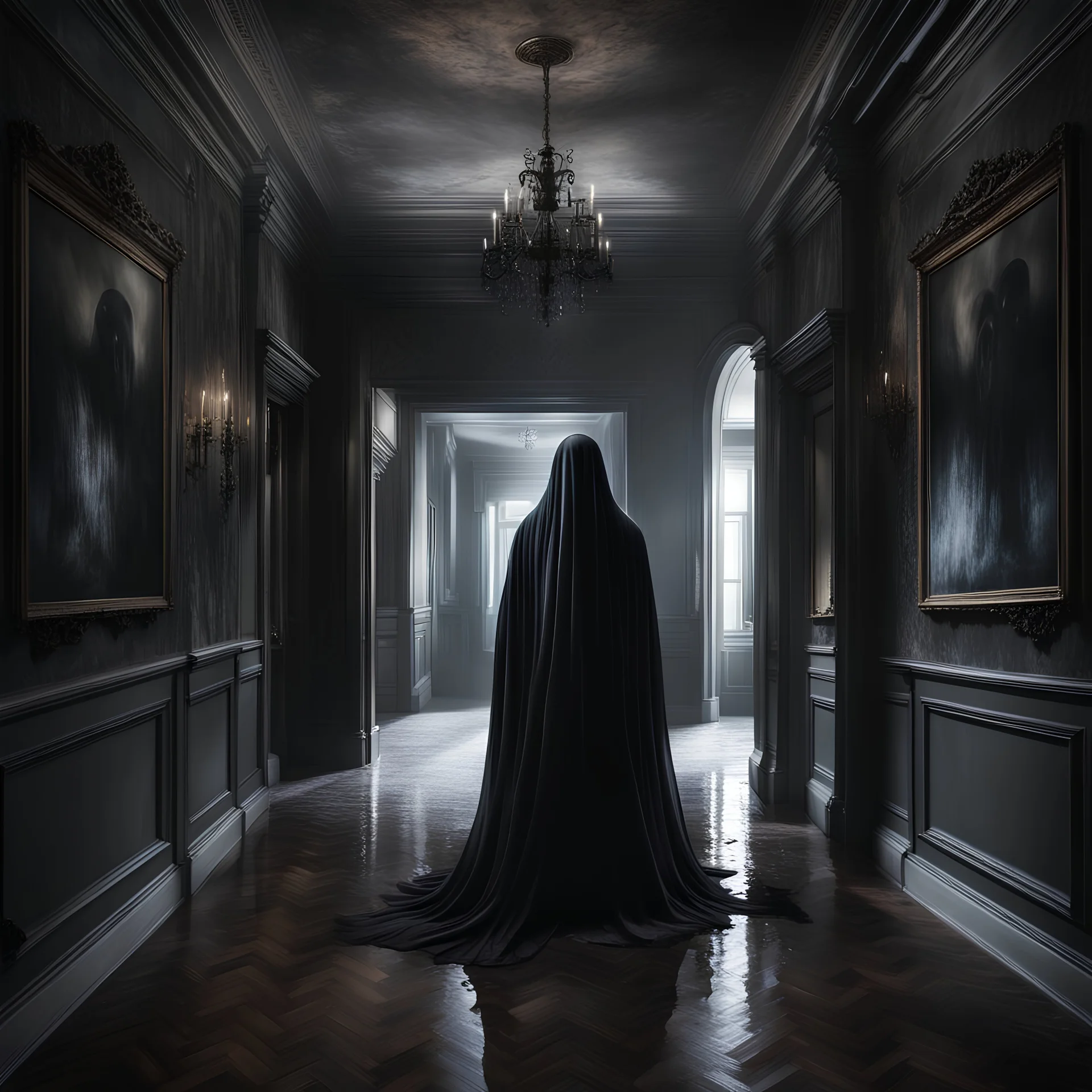 Hyper Realistic transparent black ghost between a huge dark hallway of a British mansion at night with peeling wall paints