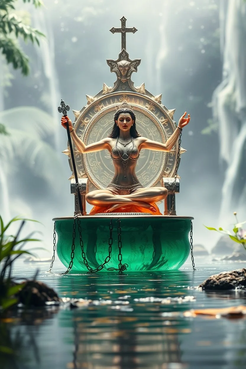 action figure of a glossed and transparent chained and crucified electric female opera yoga master on round swamp transparent glass boat eye throne in a charged foggy jungle starry waterfall, blur background to make character pop out