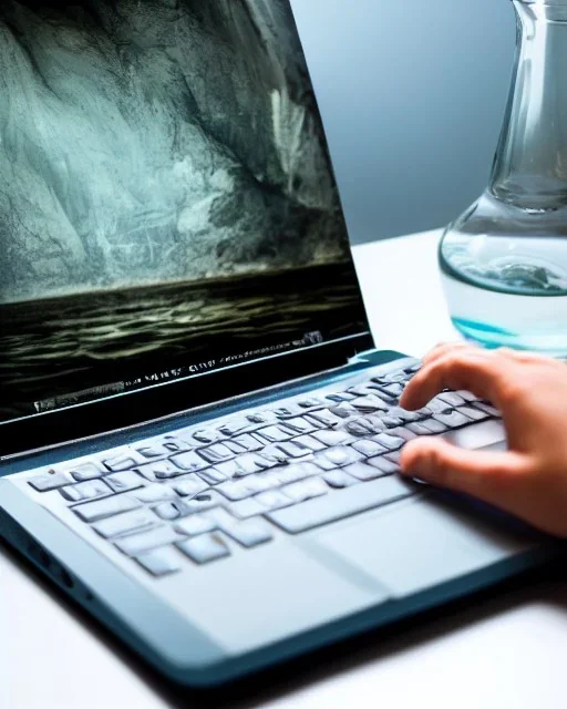 A book staring at a computer with water in it.