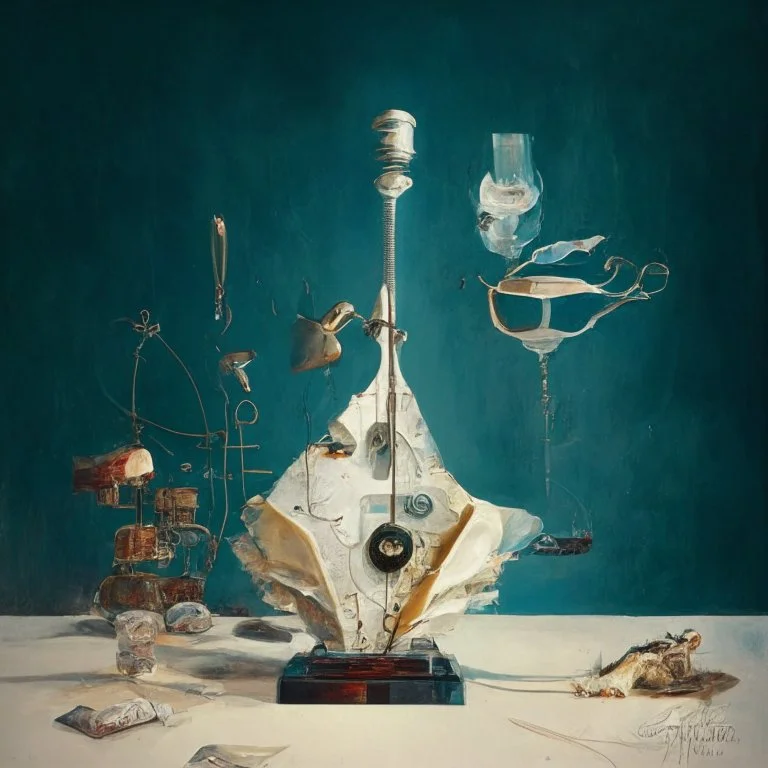 Abstract painting formed by a mix of human flesh-like surgical instruments and universe-like musical instruments,neuralink,minimalism,Painting By Adrian Ghenie, Rene Magritte, Salvador Dali, Lucian Freud