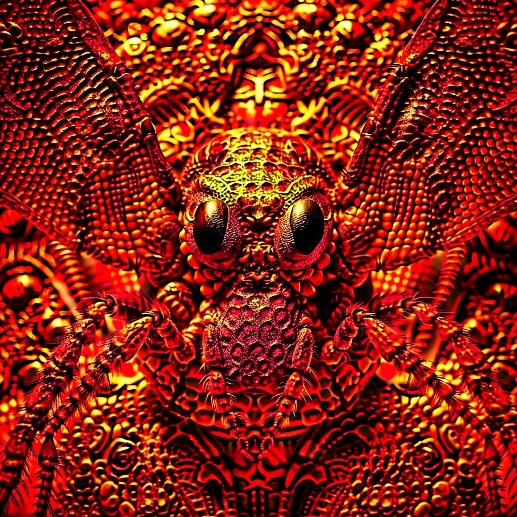 A national geographic award skin color patterned like a poisinous incect or reptile, horrorcore, science gone crazy, winning photograph of of a bat spider housefly hybrid in nature and on the hunt, 64k, reds, oranges, and yellows anatomically correct, 3d, organic surrealism, dystopian, photorealisitc, realtime, symmetrical, clean, 4 small compound eyes around two larger compound eyes, surrealism telephoto dynamic lighting 64 megapixels Unreal Engine volumetric lighting VRay