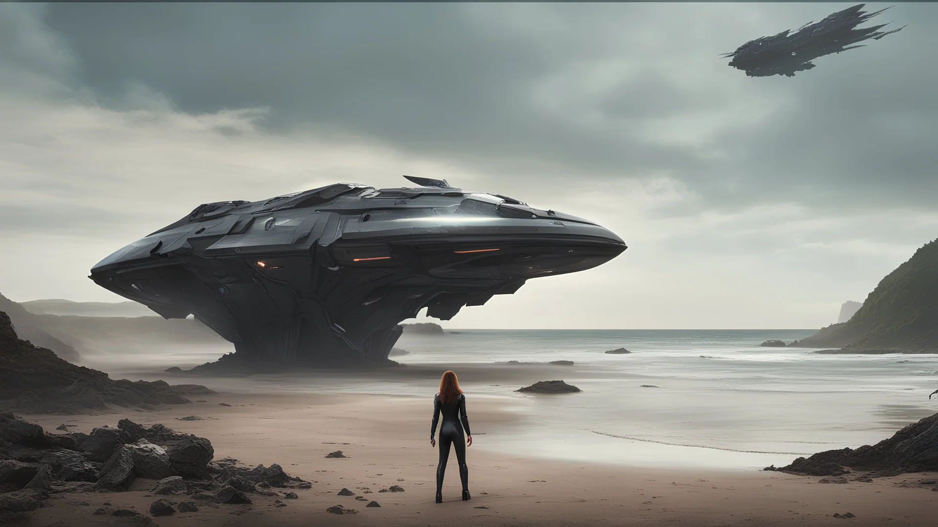 A long-haired woman in a catsuit standing on a beach of a rocky landscape with a crashed spaceship in the distance, with a forest beyond